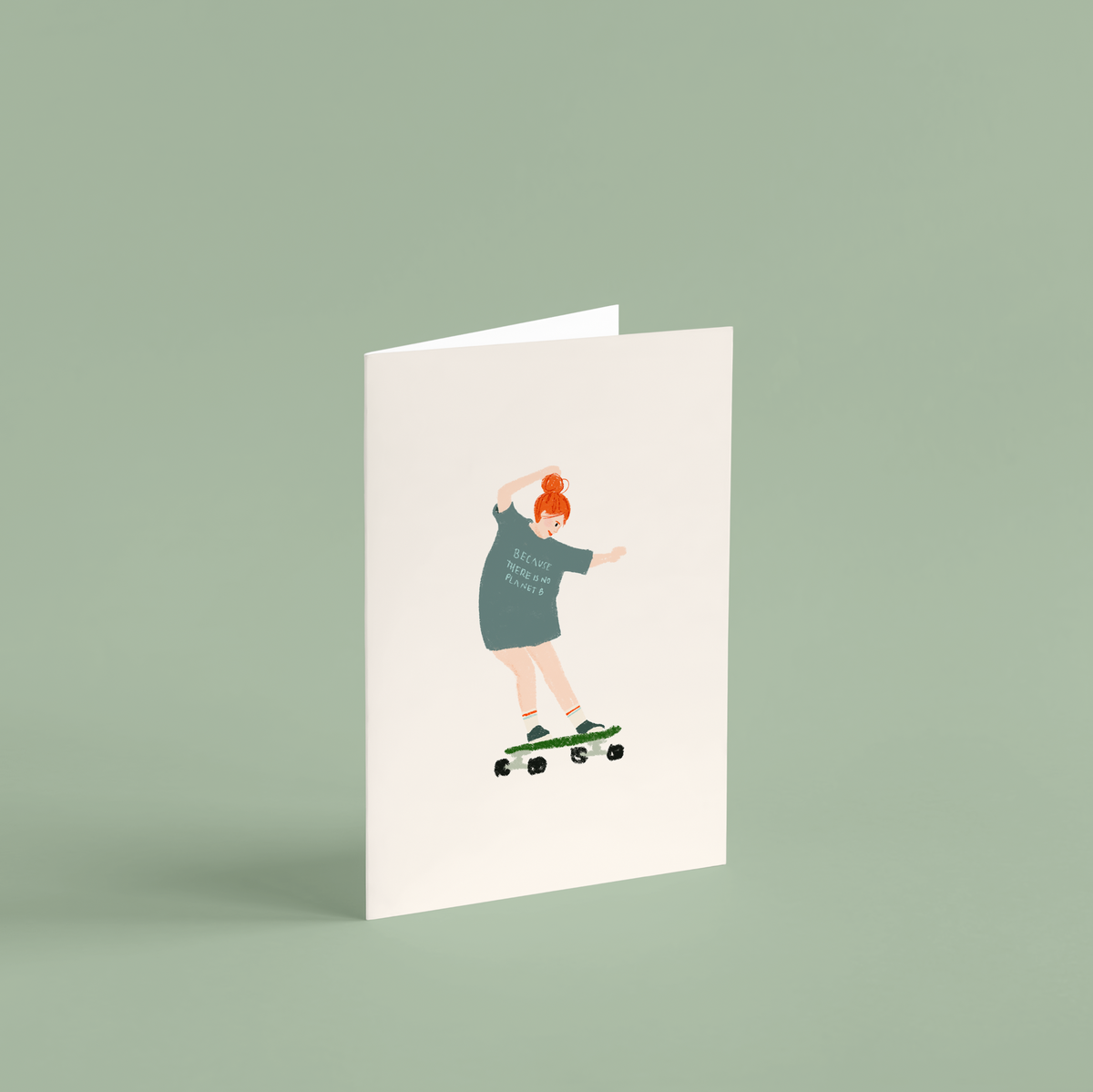 Tarjeta ilustrada con sobre kraft · Chica en skate "No Planet B"