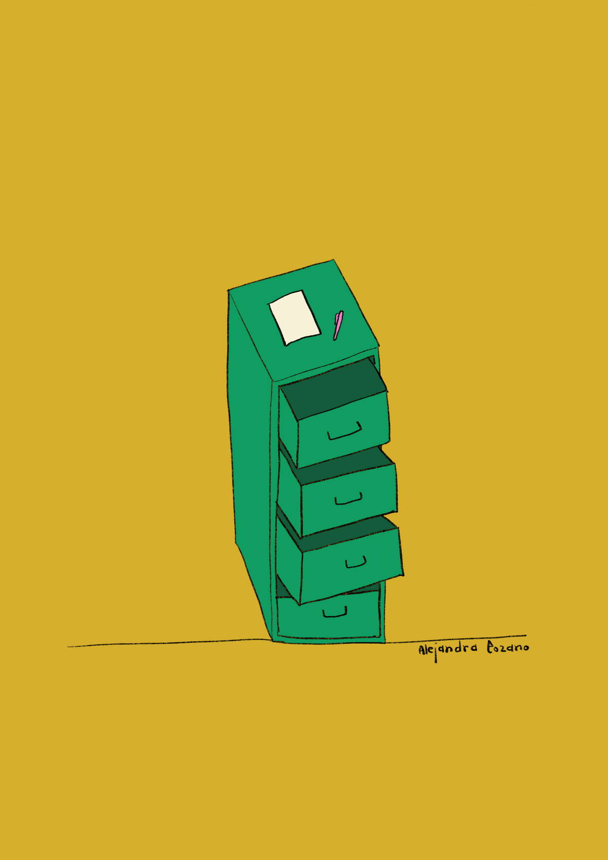 Ilustración de un archivador verde con cuatro cajones medio abiertos, un folio en blanco y un bolígrafo rosa encima, sobre fondo amarillo y firmada por Alejandra Lozano.