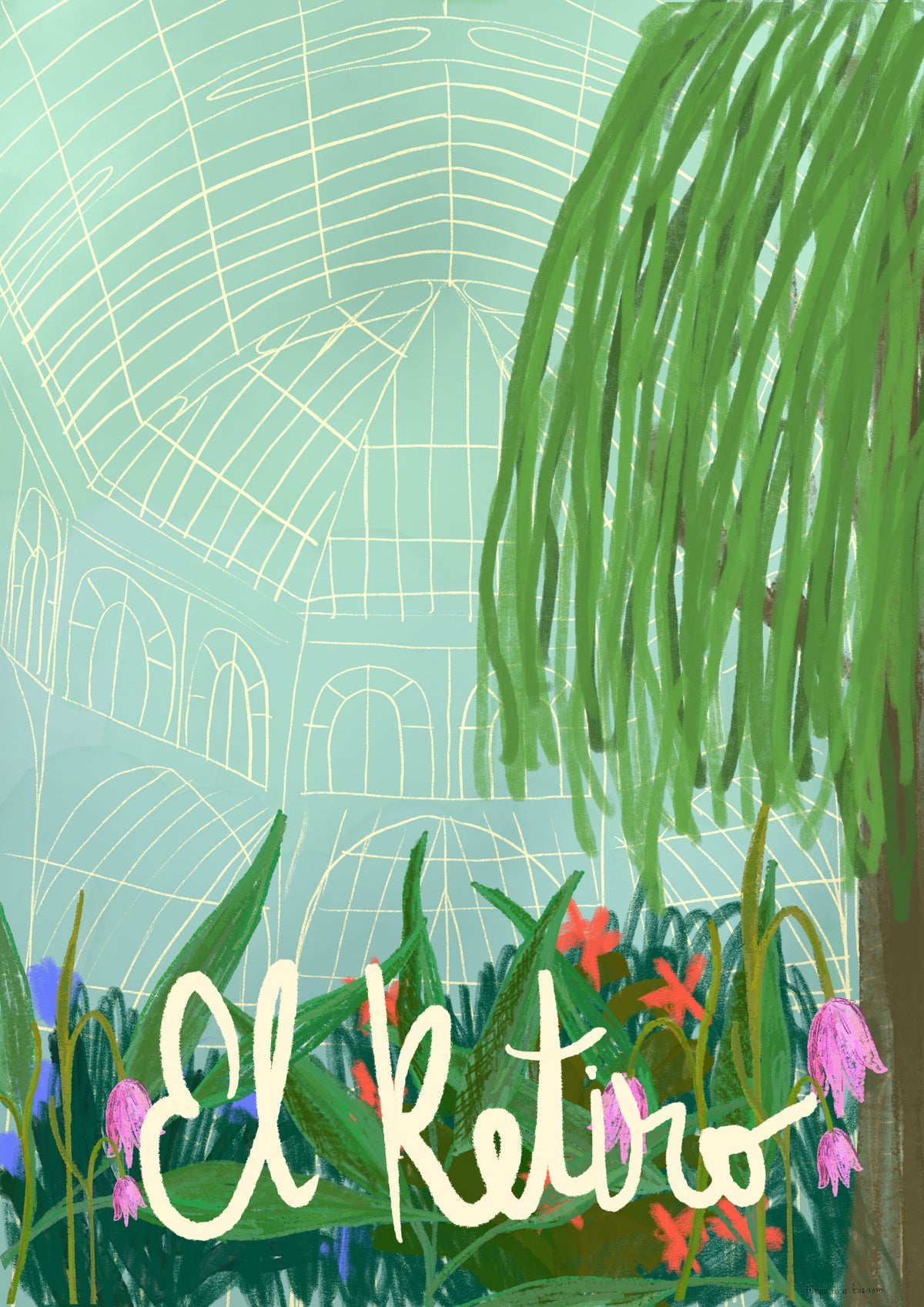 Ilustración del Palacio de Cristal del Retiro con un sauce verde, flores rosas y rojas y el texto "El Retiro".