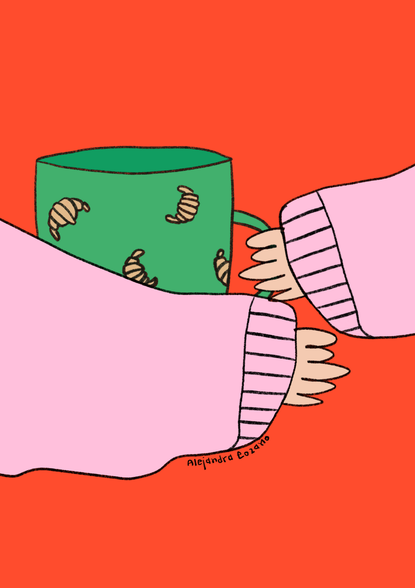 Ilustración colorida de Alejandra Lozano con una taza verde decorada con croissants, rodeada de tonos cálidos y suaves. Obra titulada “Mi taza favorita”, que celebra los pequeños placeres cotidianos.