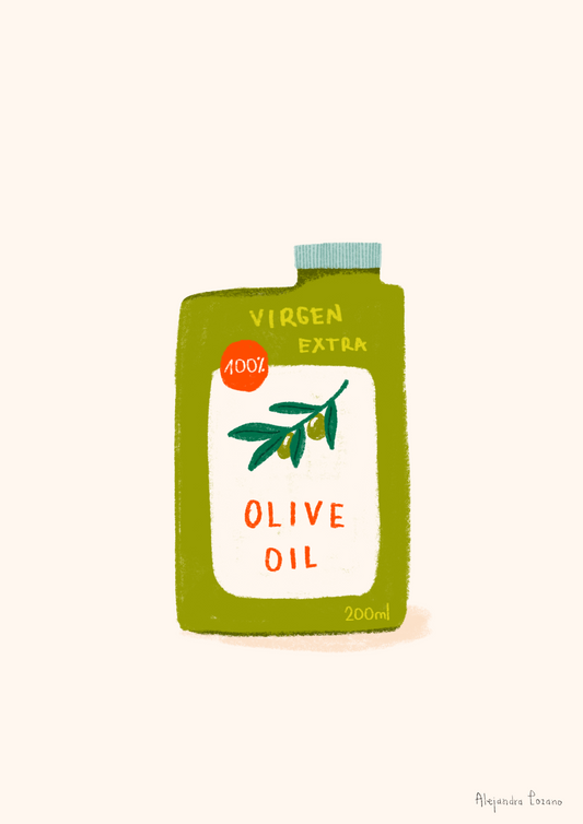 Ilustración de una lata verde de aceite de oliva virgen extra con tapón azul, etiqueta crema con una rama de olivo con aceitunas y las palabras “Olive Oil” en rojo, y un círculo rojo con “100%”.