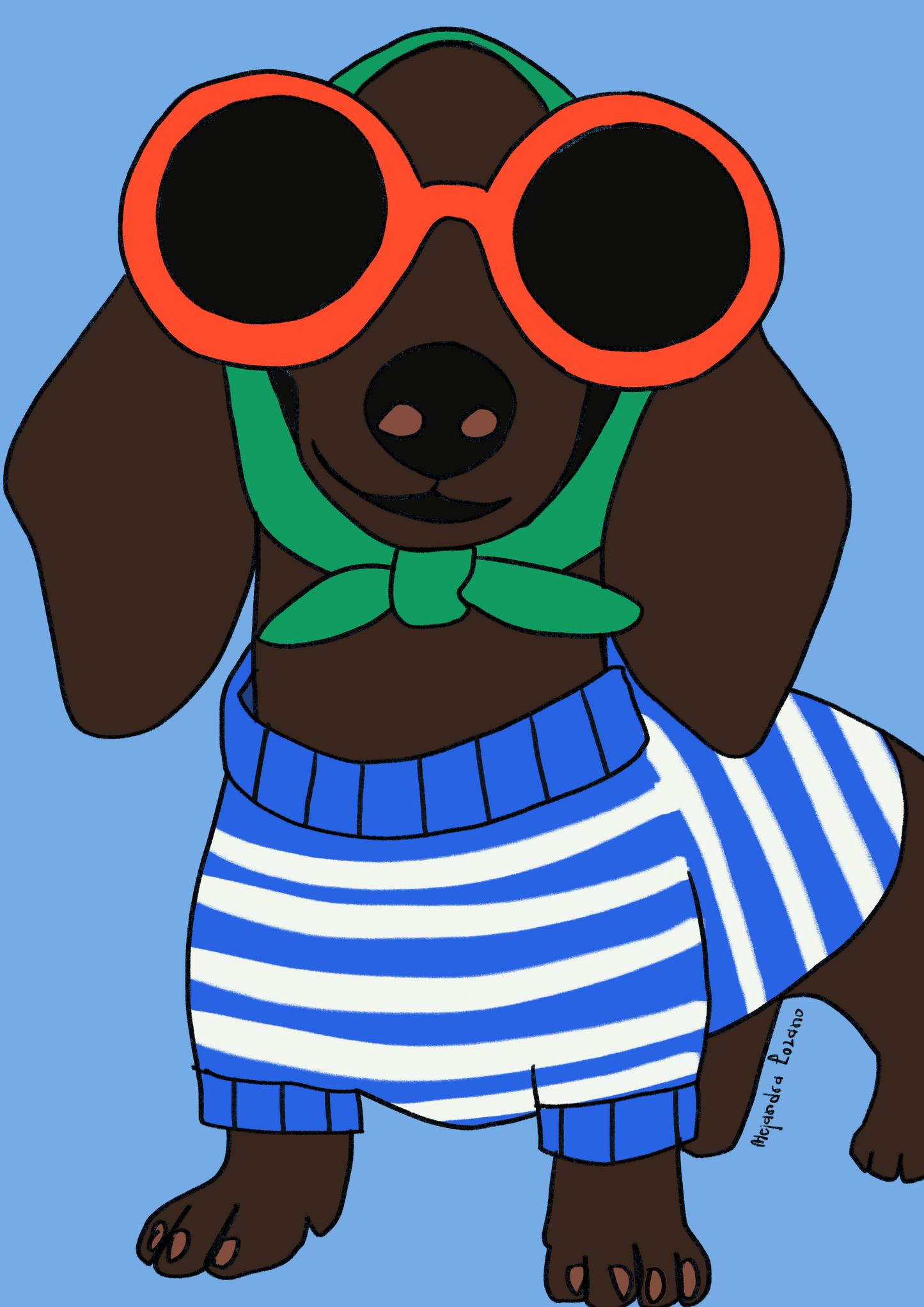 Ilustración “Perro salchicha” de Alejandra Lozano. Teckel tierno y simpático con estilo artístico y colorido, ideal para decorar espacios con alegría y naturalidad.