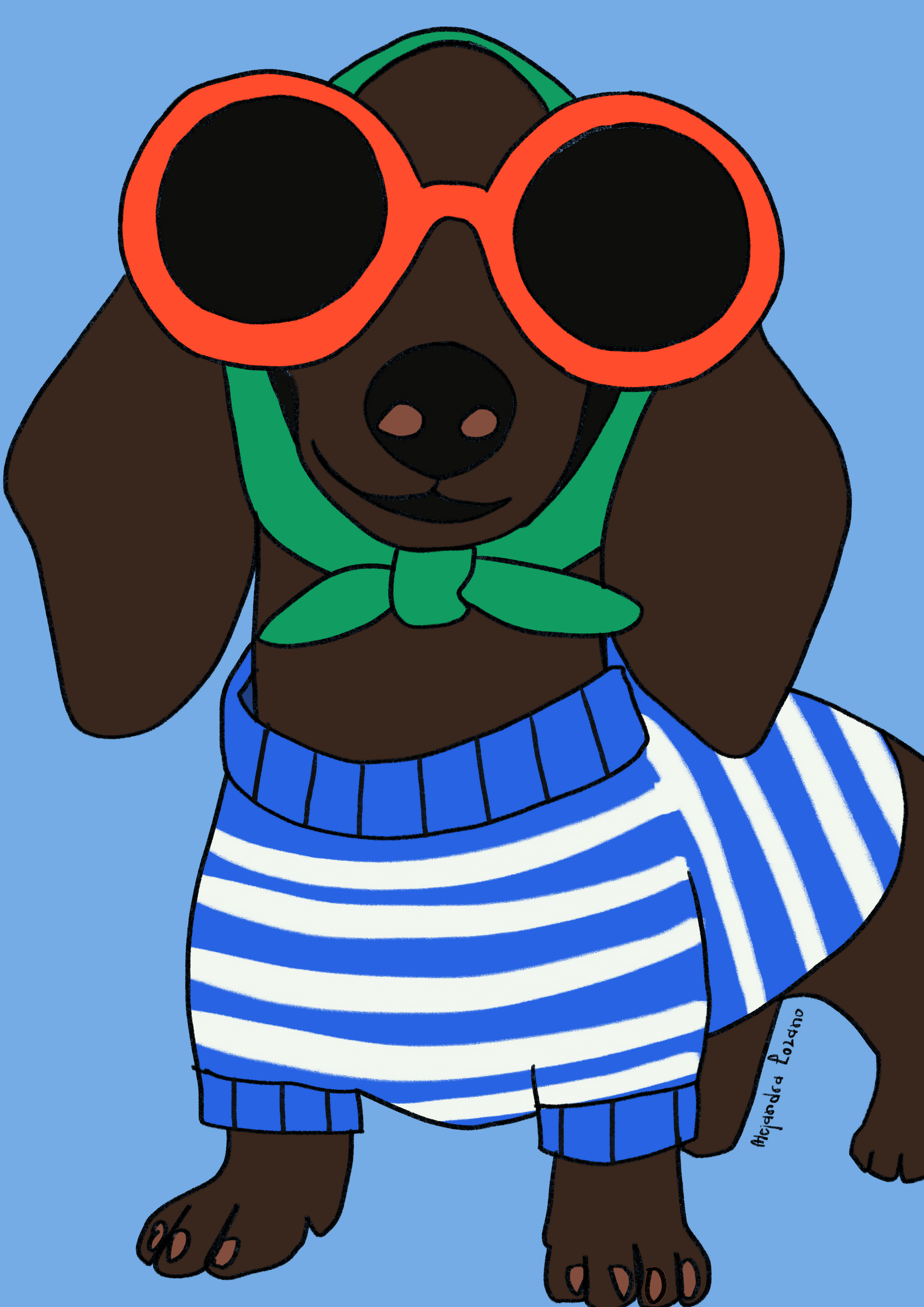 Ilustración “Perro salchicha” de Alejandra Lozano. Teckel tierno y simpático con estilo artístico y colorido, ideal para decorar espacios con alegría y naturalidad.